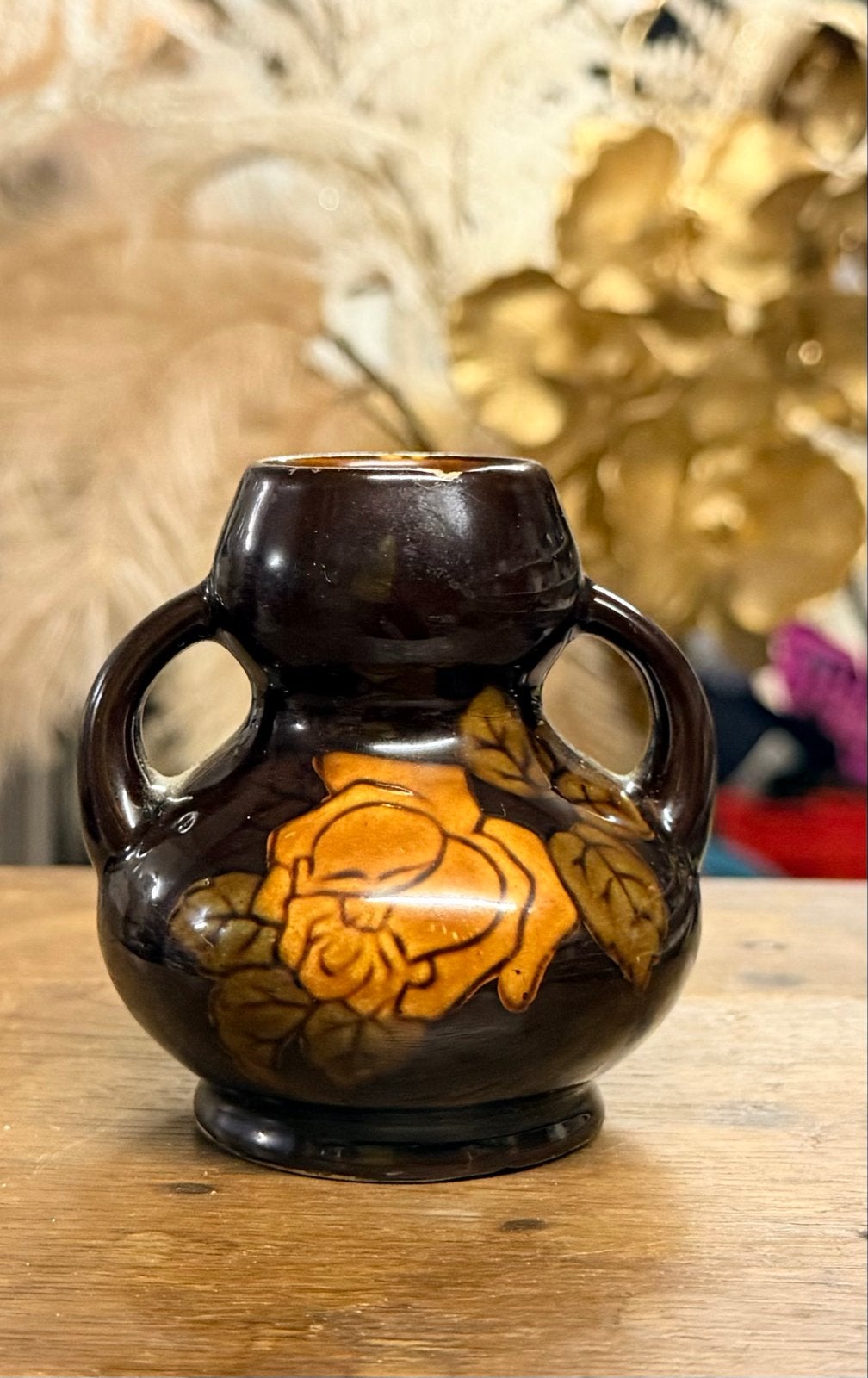 Vintage 1920-‘30 Keramische Vaasje  met Rozen Decoratie, Ophalen of Verzenden