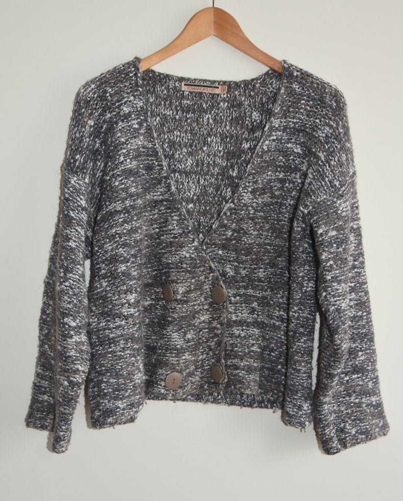 Vest Emanuelle grijs taupe wit gemeleerd mt 42 - 44, Verzenden, Gedragen, Maat 42/44 (L), Grijs