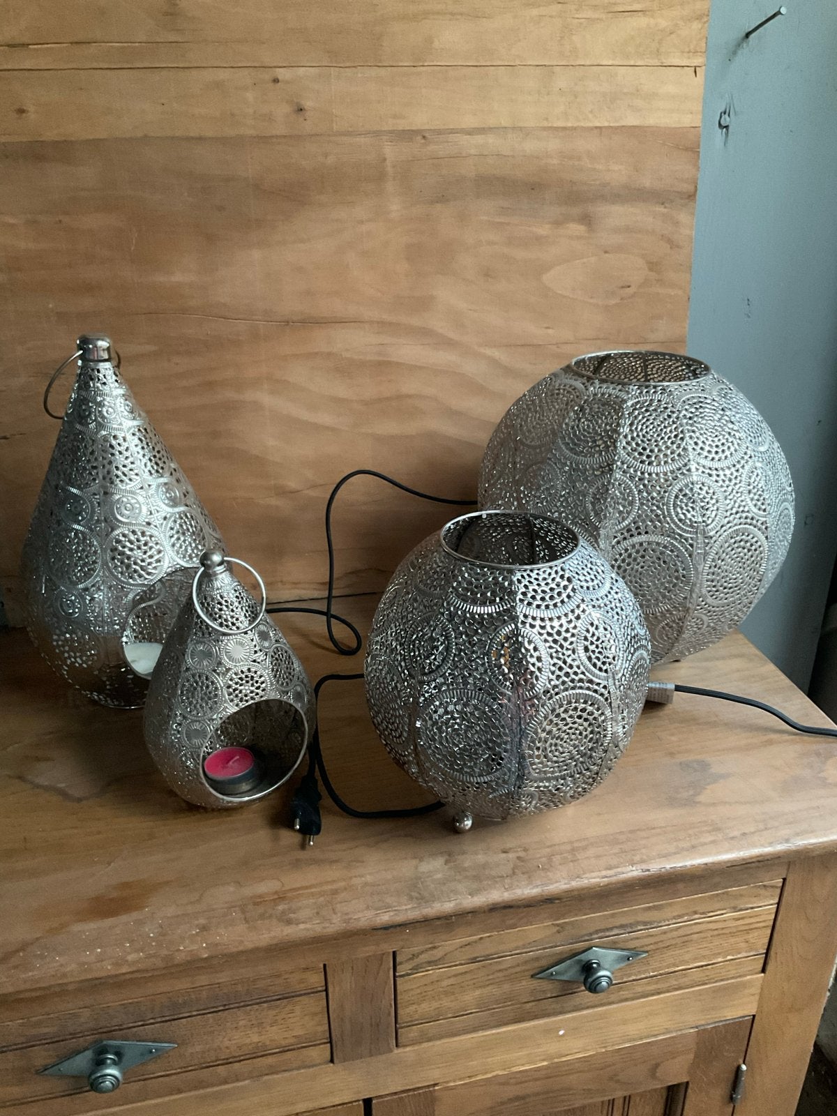 Set van 4 zilverkleurige Marokkaanse lampen/windlichten, Huis en Inrichting, Lampen | Overige, Bohemian, Overige merken, Gebruikt