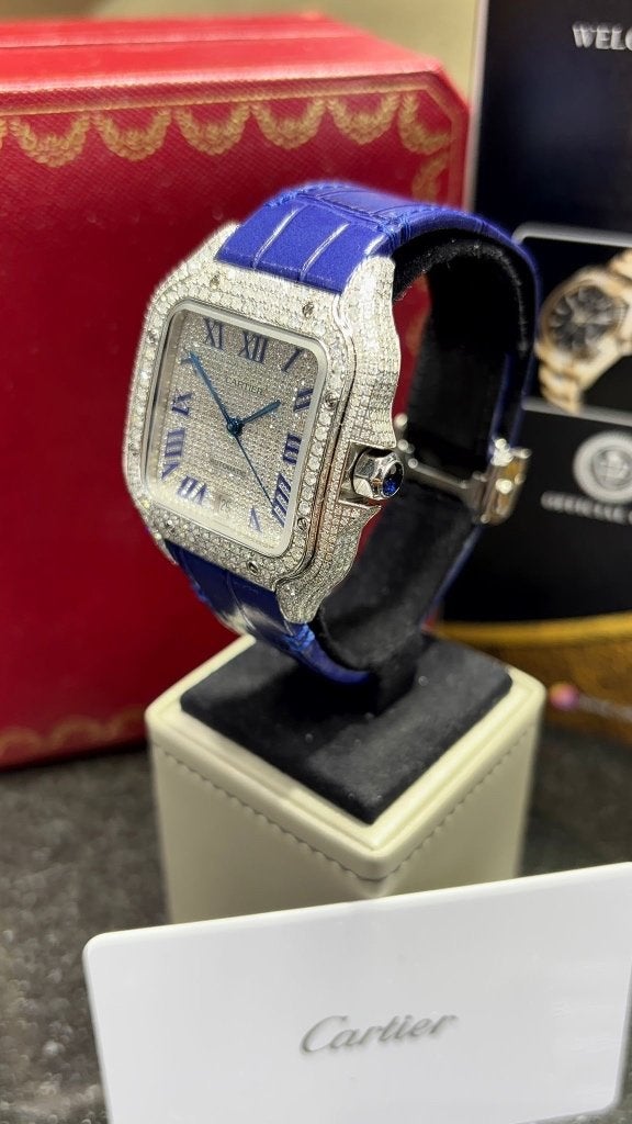 Cartier santos XL REF/4072 15ct diamonds vvs f, Ophalen of Verzenden, Zo goed als nieuw, Leer, Overige merken
