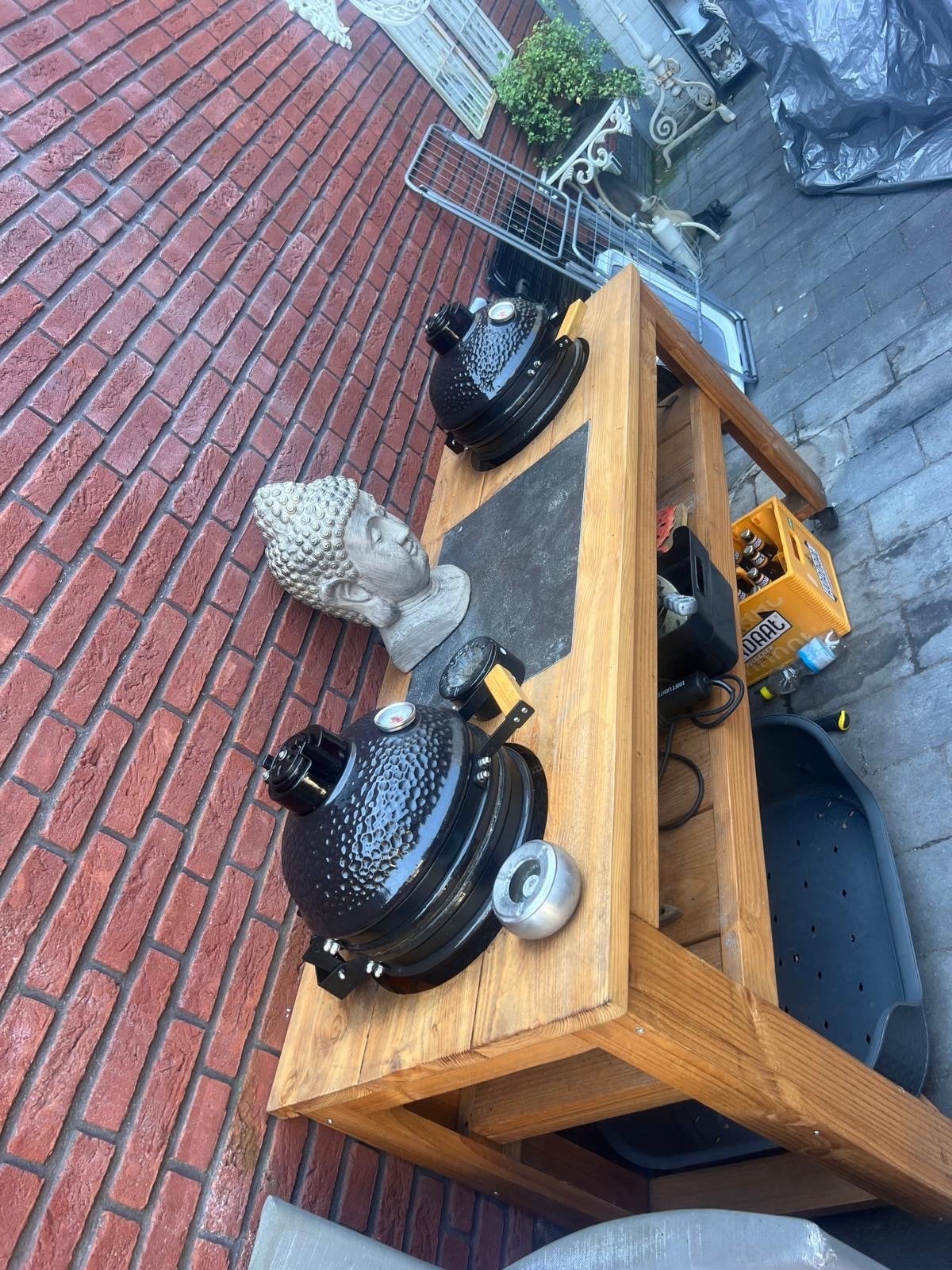 Verrijdbare BBQ tafel met 2 mini Kamado's, Tuin en Terras, Ophalen of Verzenden, Gebruikt