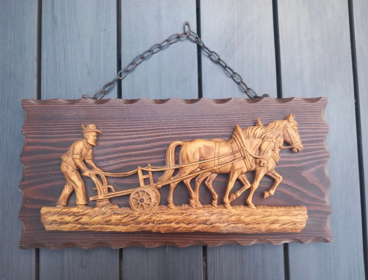 Houten wanddecoratie: ploegende boer met paarden, Ophalen of Verzenden, Handgemaakt, Wanddecoratie, 20 - 50 cm