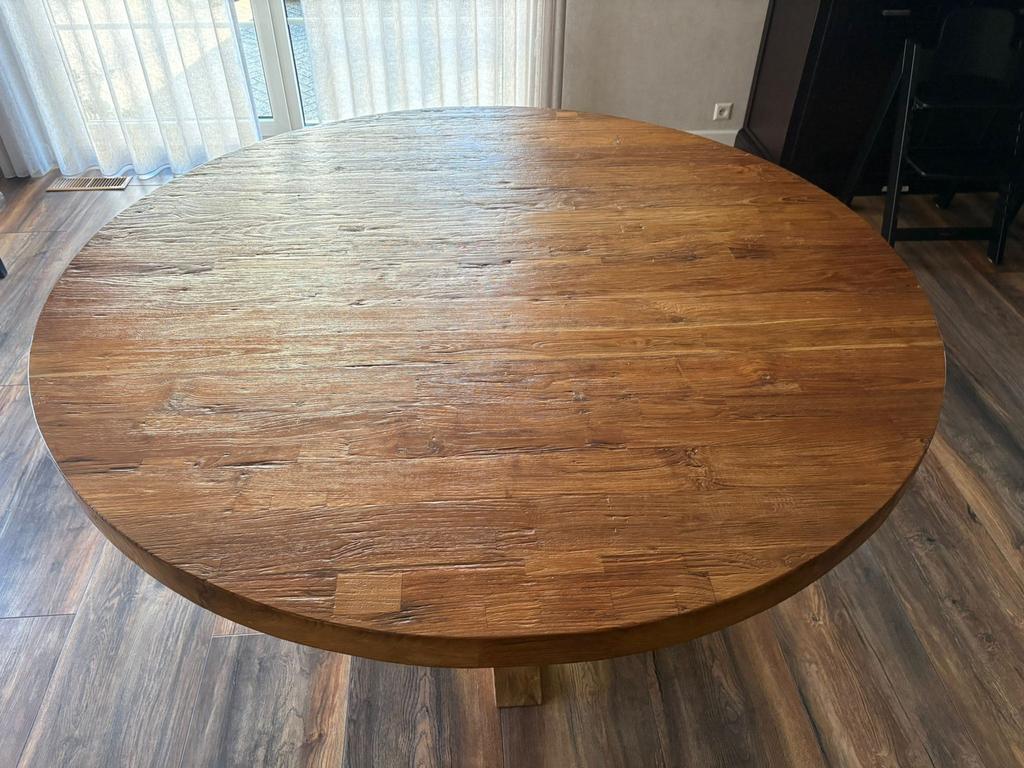 Zeer mooie, ronde massieve teaktafel, rond 170, Huis en Inrichting, Tafels | Eettafels, Ophalen of Verzenden, Zo goed als nieuw