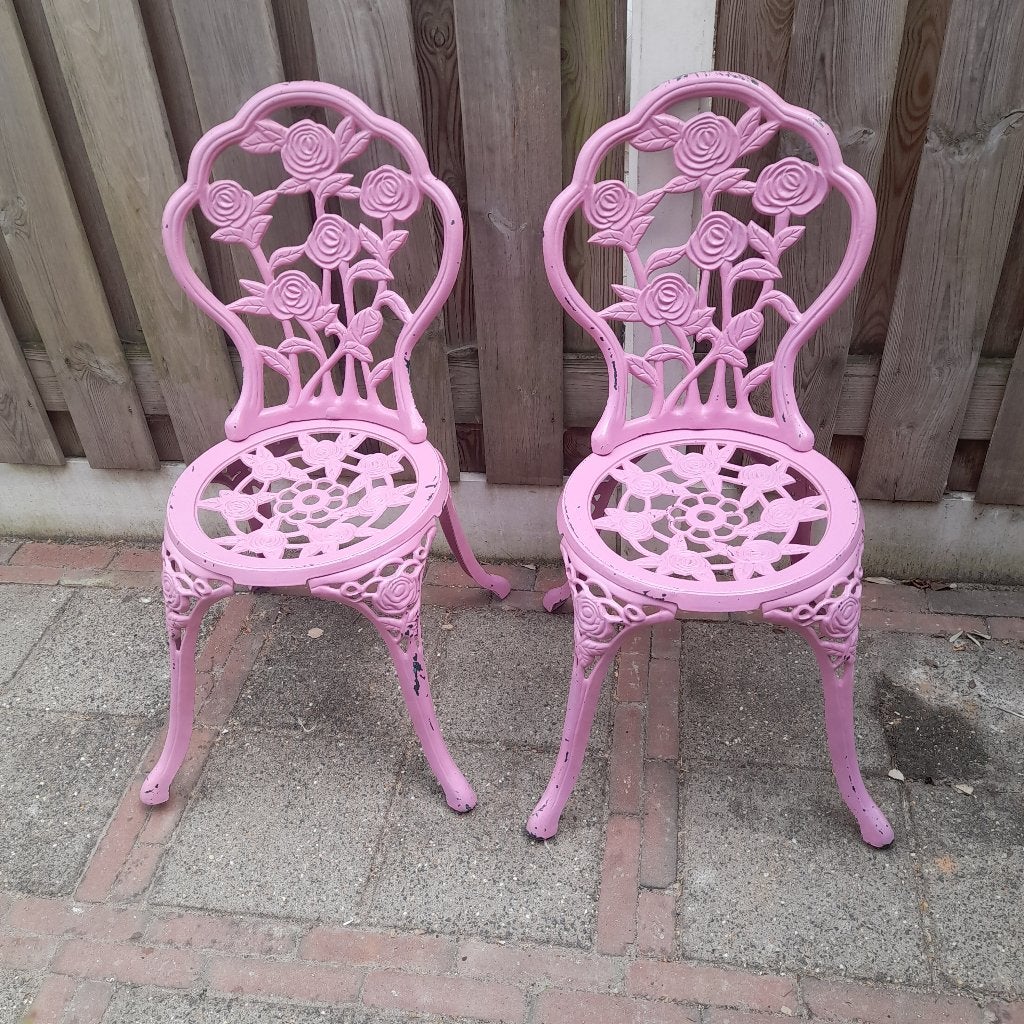 2 leuke roze ijzeren stoeltjes, Ophalen, Gebruikt, Metaal