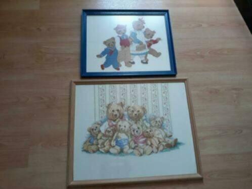 hand geborduurde schilderijen met beren 2 stuks, Ophalen of Verzenden, Gebruikt, Handborduren, Patroon