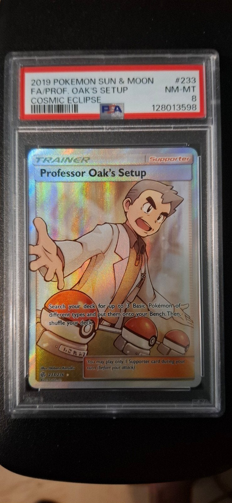 Professor Oak's Setup 233/236 Cosmic Eclipse PSA 8 NM-MT, Ophalen of Verzenden, Zo goed als nieuw, Losse kaart, Foil