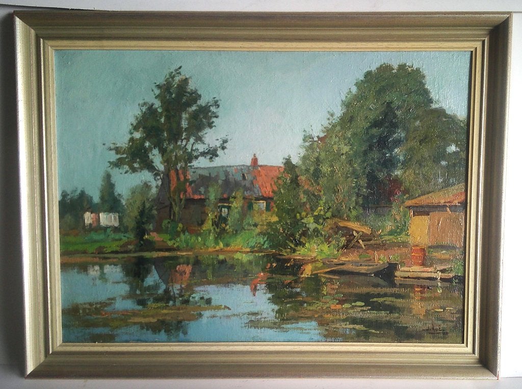 Boerderij aan watertje ca. 1950 - Jack Aué 1895-1970, Antiek en Kunst, Doek, Impressionistisch, Ophalen of Verzenden, Gesigneerd