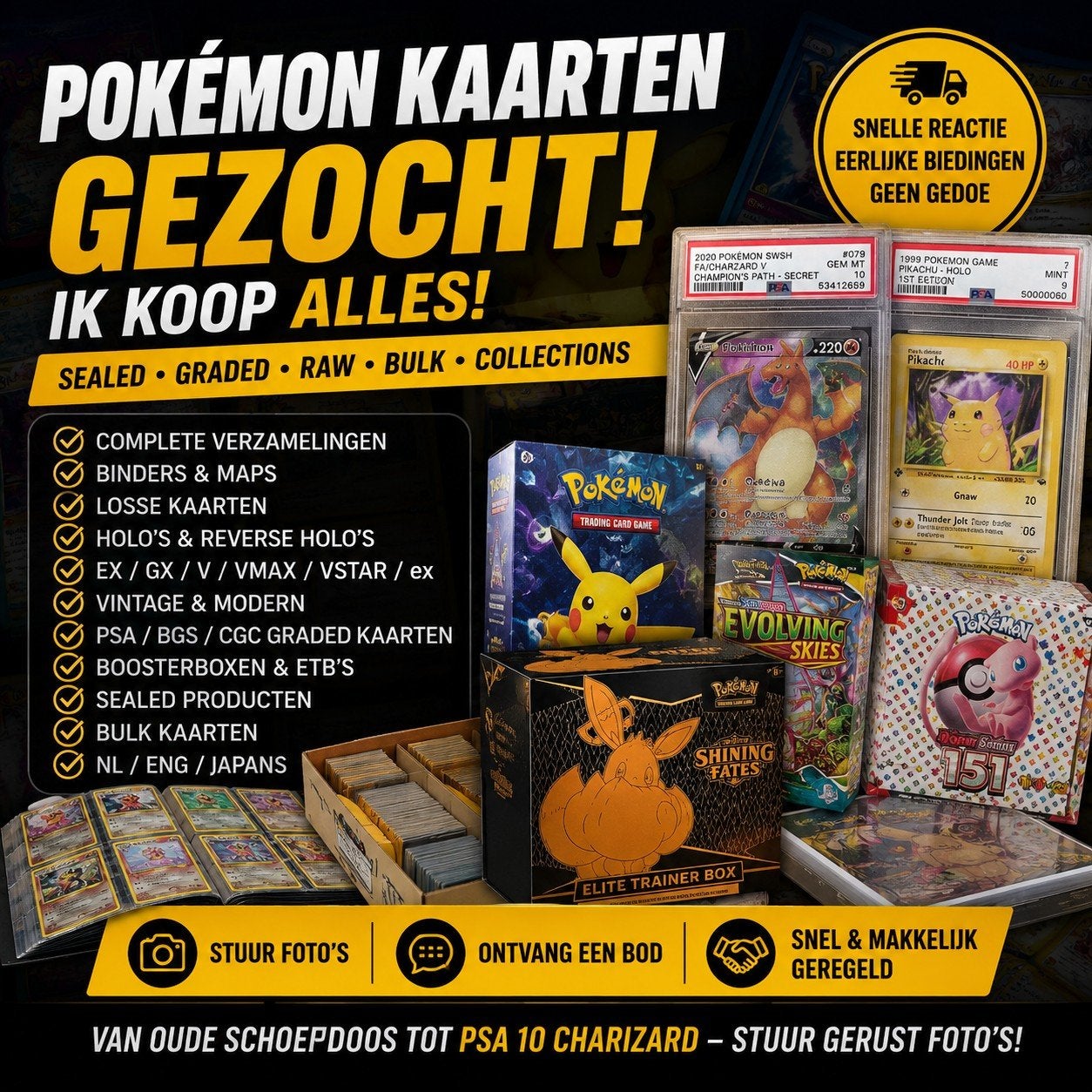 Titel:  Pokémon Kaarten Gezocht | kaarten, Sealed, PSA, Ophalen of Verzenden, Zo goed als nieuw