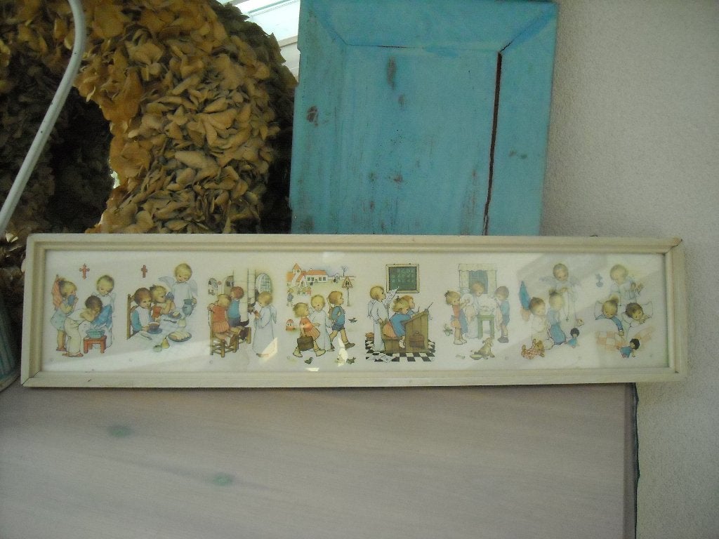 antiek vintage baby kamer wandprentjes met tafereeltjes, Ophalen of Verzenden