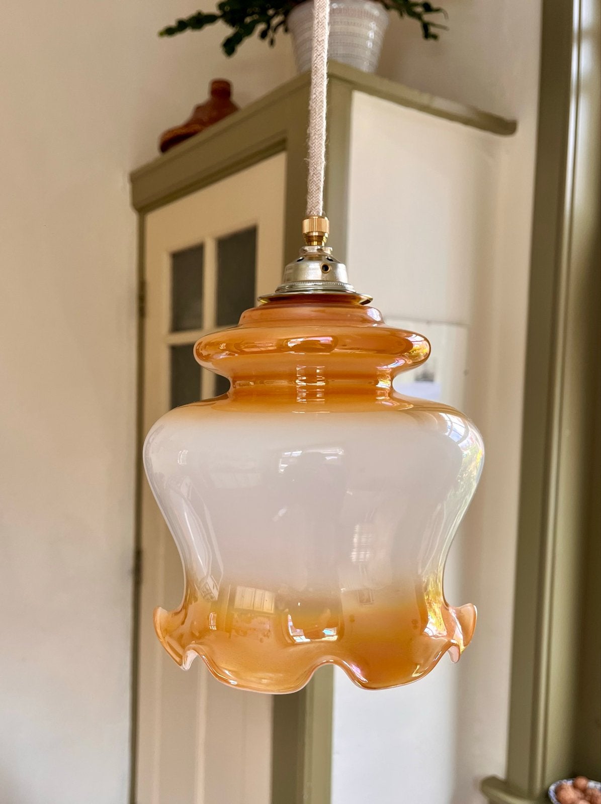 Vintage Opalescent Hanglamp - Amber & Wit Glas, Ophalen, Zo goed als nieuw, Glas, E27 (groot)