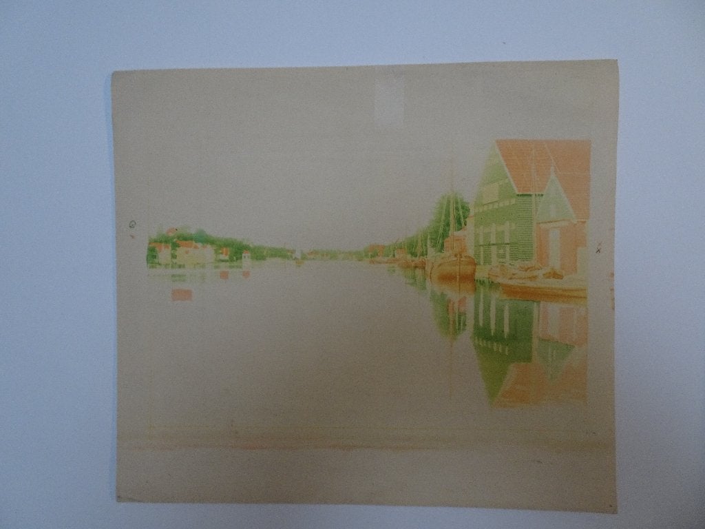 Litho proefdruk huizen aan water met boten zaandam, Antiek en Kunst, Kunst | Litho's en Zeefdrukken, Origineel, Ophalen of Verzenden