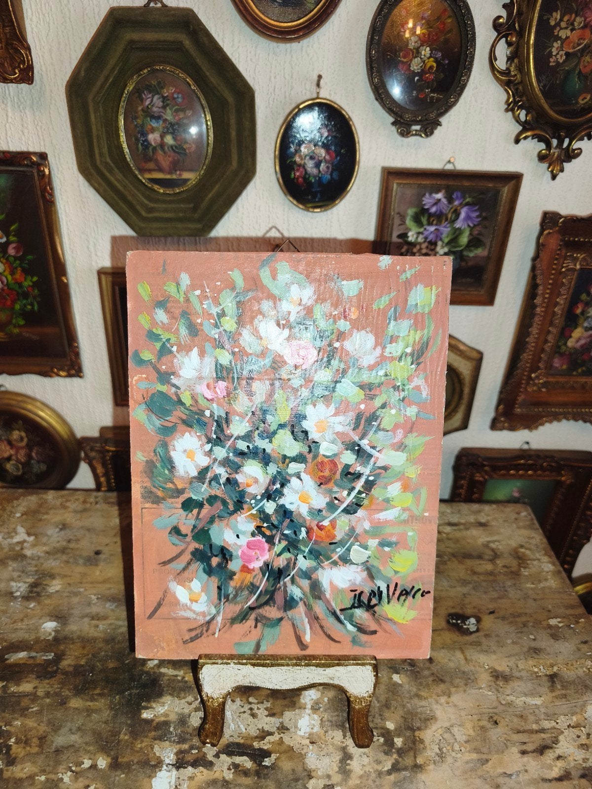 Olieverf schilderijtje olieverfschilderijtje bloemen H68, Ophalen of Verzenden
