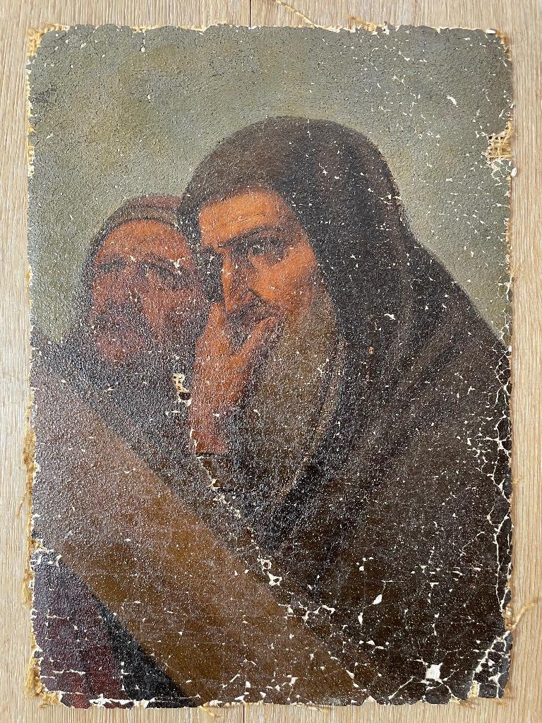 Oud religieus fragment gesso op jute, Ophalen of Verzenden
