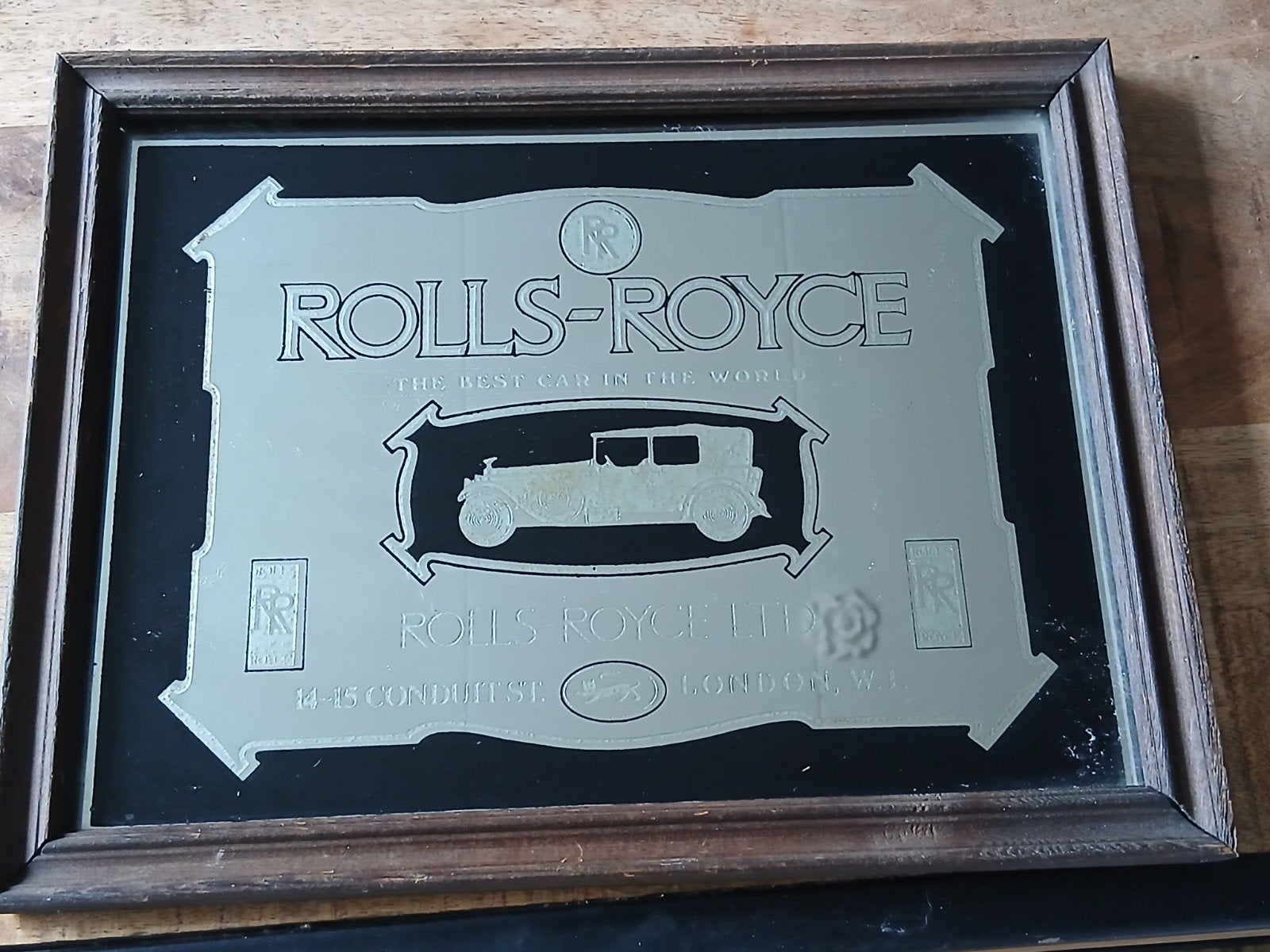 Vintage Rolls-Royce spiegel met houten lijst, Gebruikt, Ophalen of Verzenden, Bruin, Vintage