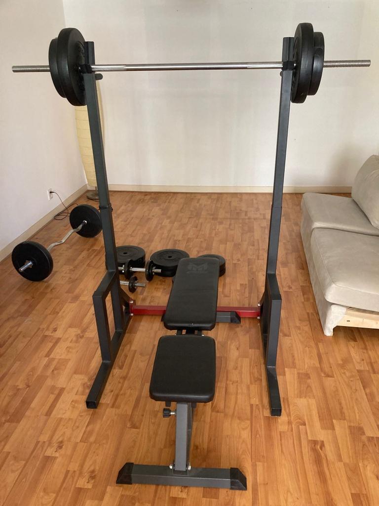 complete homegym squat/benchpress rek met bank en gewichten, Ophalen, Zo goed als nieuw, Benen, Fitnessbank