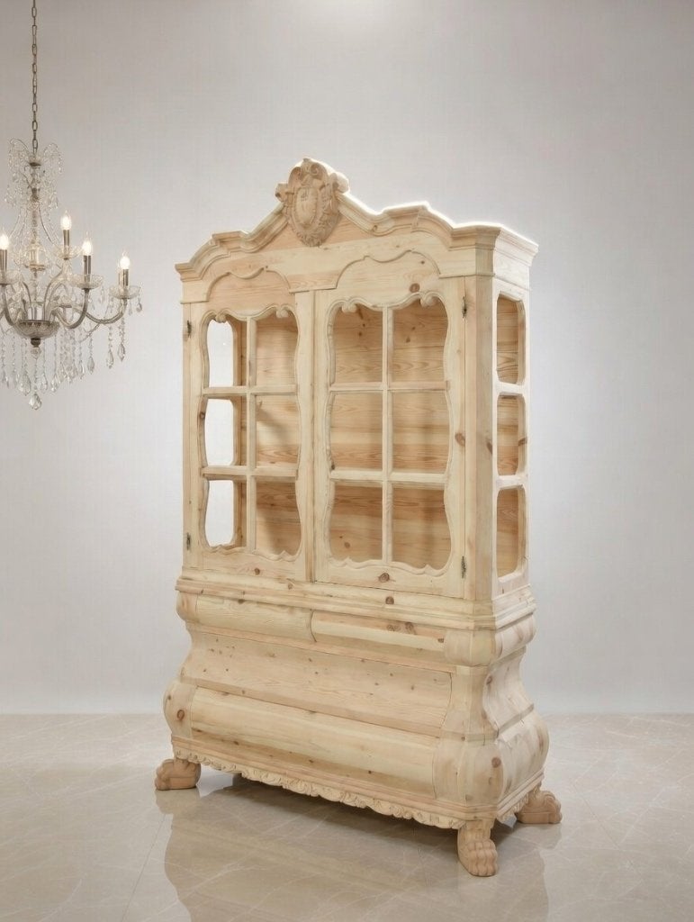 Hollands Kabinet Massief Grenen – Handgesneden, Ophalen, Barok, Met deur(en), 200 cm of meer