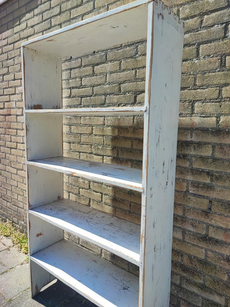 Wit brocante Massief grenen boekenkast - 160x85,5x28 cm, Ophalen, Met plank(en), Gebruikt, 50 tot 100 cm