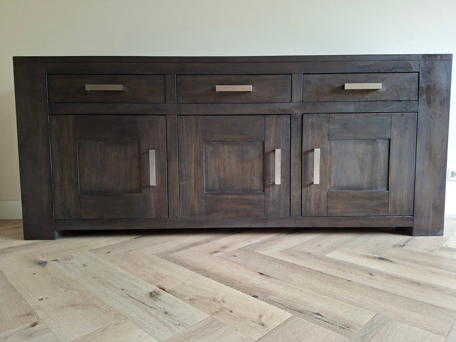 Eleonora Mango dressoir 200 cm – massief mangohout – 3 laden, Ophalen, Gebruikt, 150 tot 200 cm, 3 of 4 laden