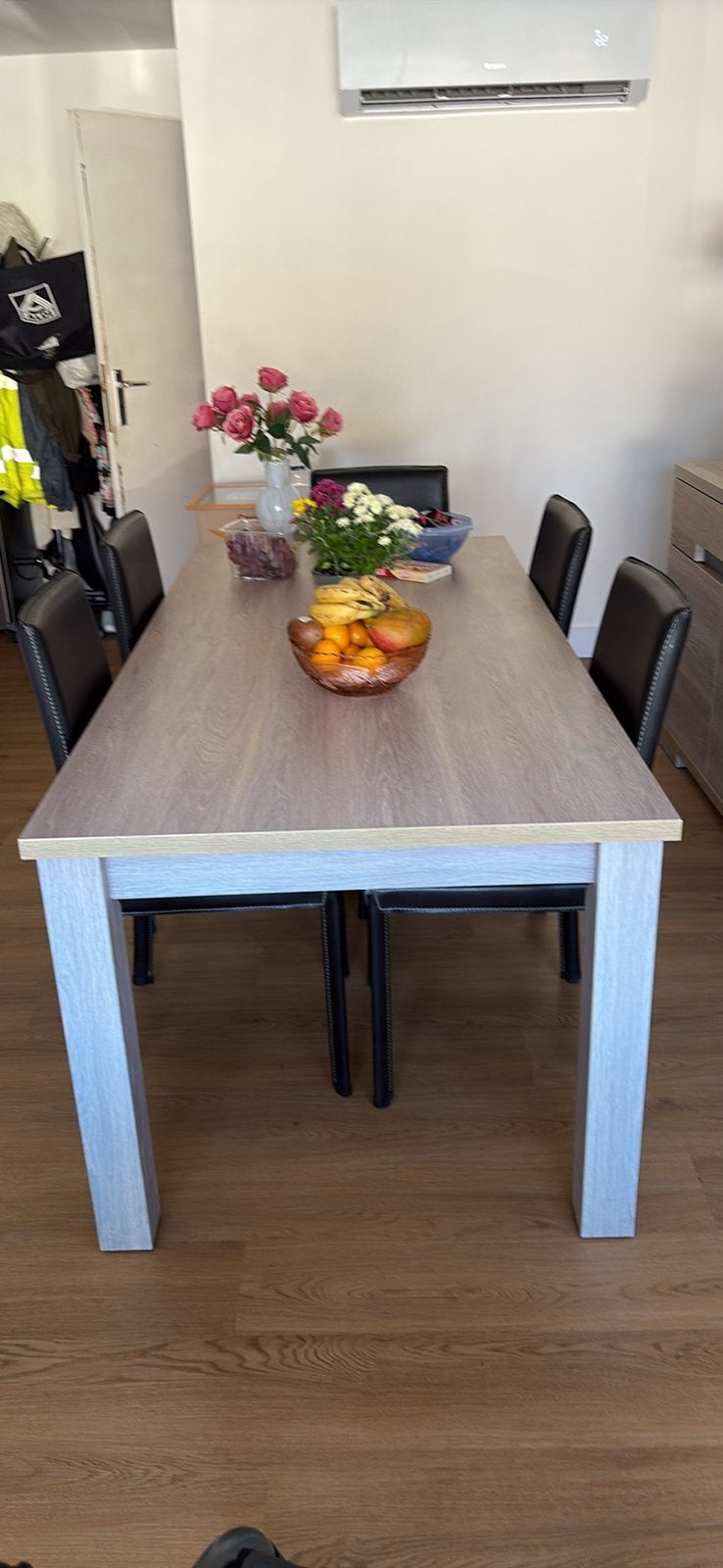 Tafel met 6 stoelen en tv kastje, Ophalen, 100 tot 150 cm, Vijf personen of meer, Rechthoekig