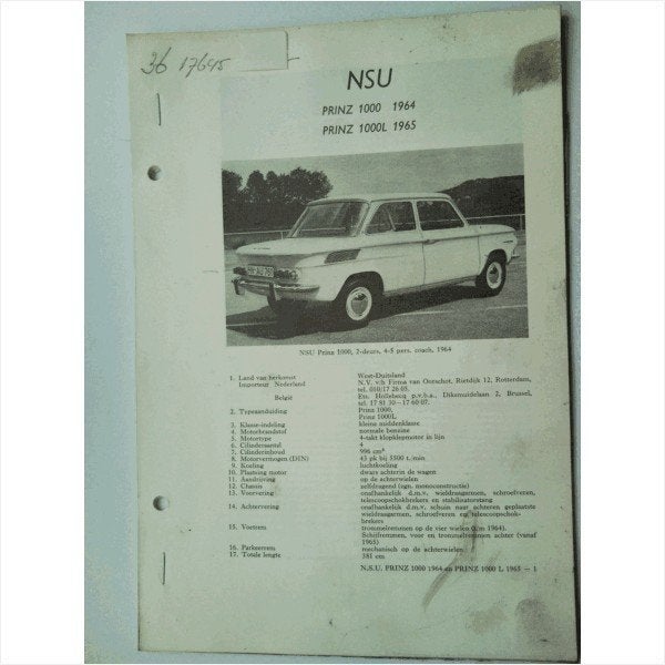 NSU Prinz 1000 1000L Vraagbaak losbladig 1964-1965 #3 Nederl, Ophalen of Verzenden, Gelezen, Overige merken