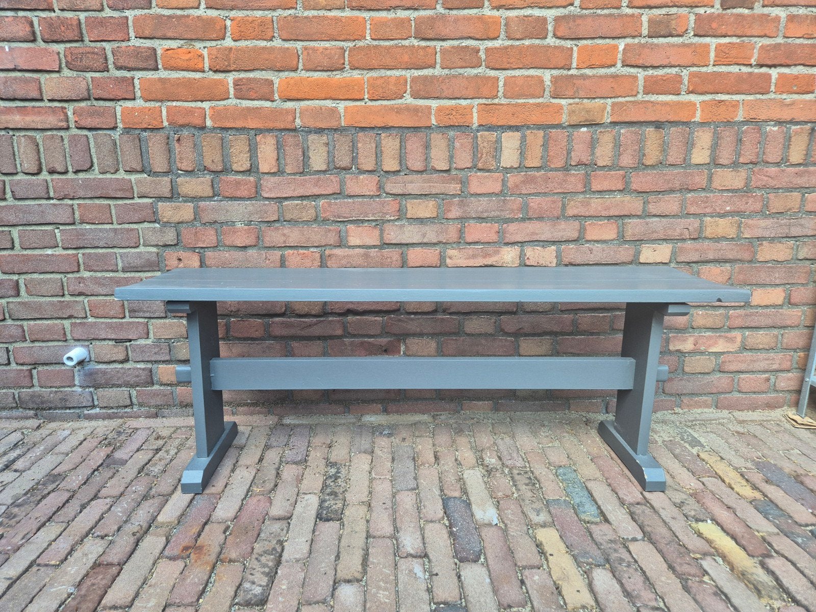 Houten bankje, grijs geschilderd, altijd binnen gestaan, Ophalen, 125 cm of meer, Zo goed als nieuw, Rechthoekig
