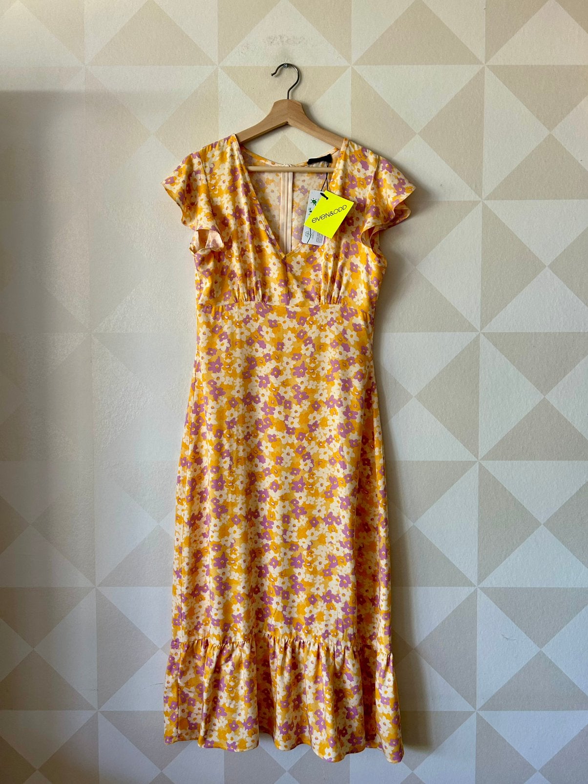 Even & Odd maxi jurk geel lila bloem S/36 NIEUW, Geel, Nieuw, Ophalen of Verzenden, Maat 36 (S)