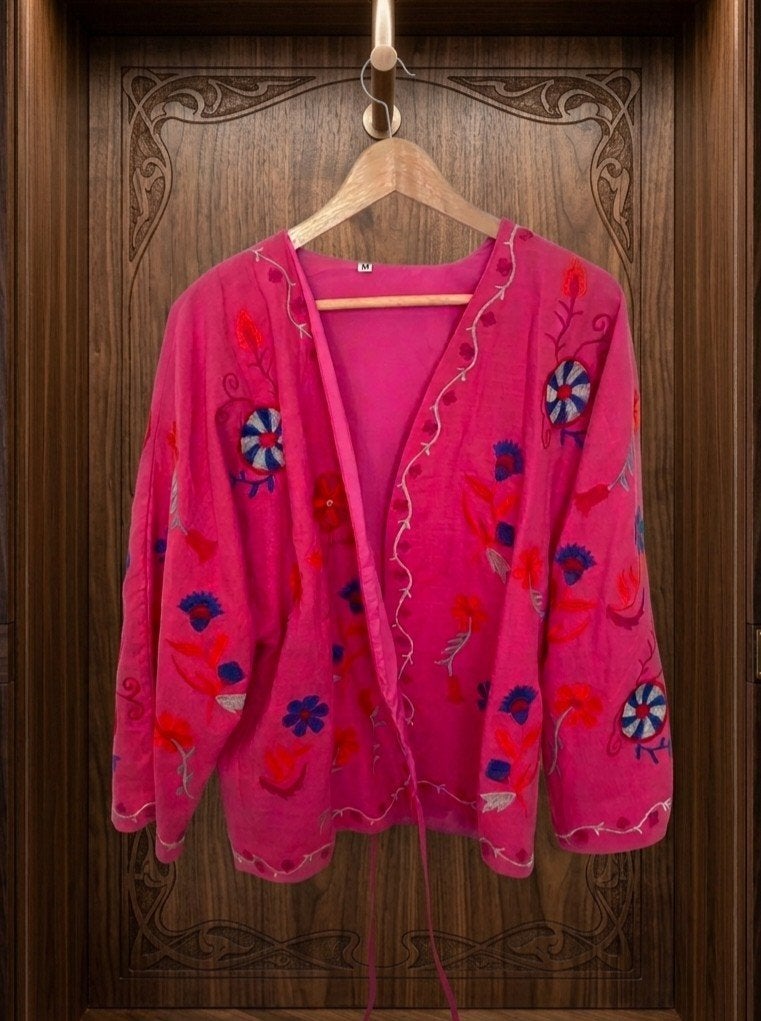 Bohemian Kimono Fuchsia met Geborduurde Bloemen, Maat 38/40 (M), Ophalen of Verzenden, Roze, Onbekend