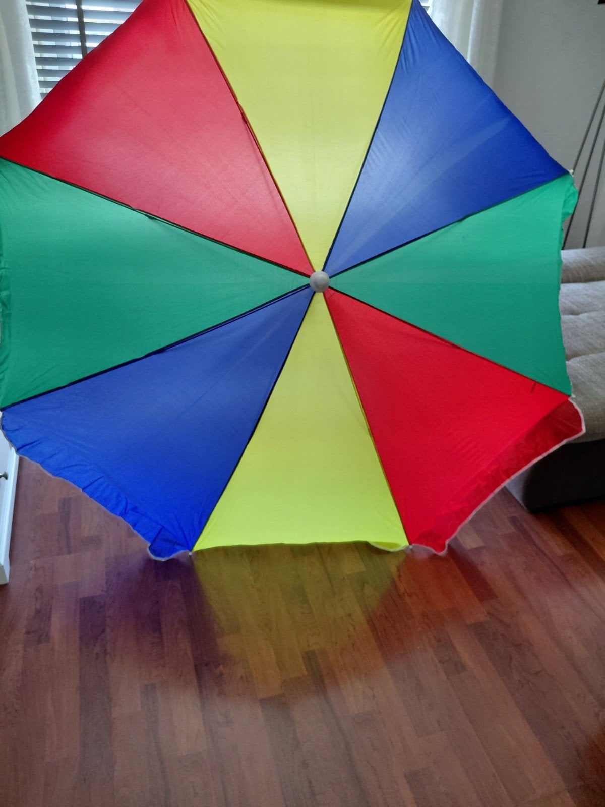 Kleurrijke strandparasol regenboog kleuren - 194 cm doorsned, Ophalen of Verzenden, Gebruikt, 1 tot 2 meter, Strandparasol