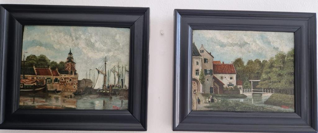 Twee klassieke Nederlandse rivier/haven gezicht Enkhuizen, Antiek en Kunst, Kunst | Schilderijen | Klassiek, Ophalen of Verzenden