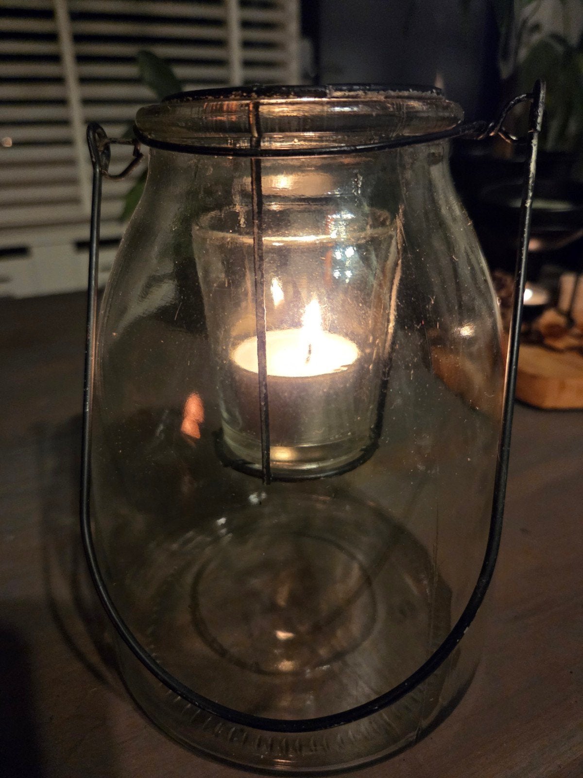 Industrieel waxinelichtjehouder glas met metaal., Glas, Ophalen of Verzenden, Gebruikt, 14 cm