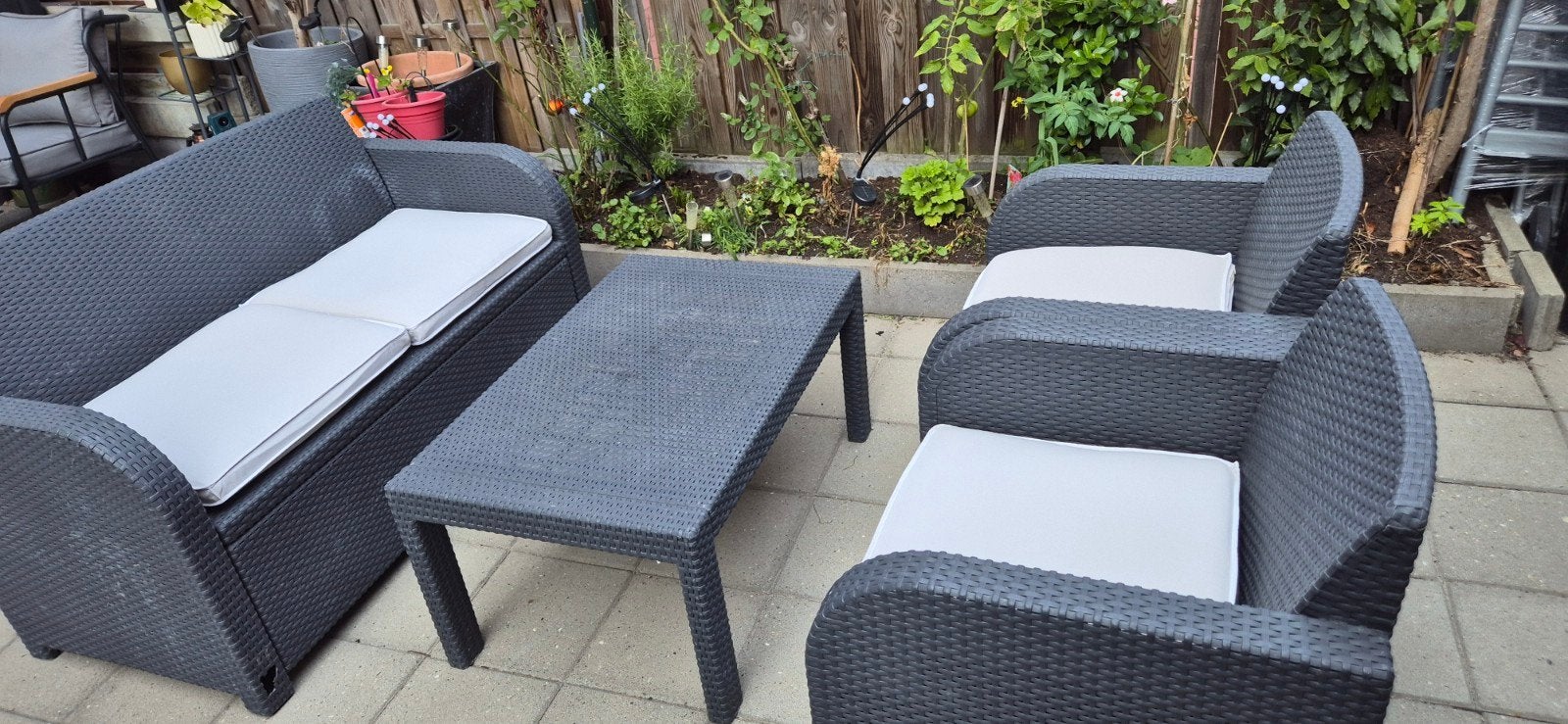 Loungeset Wicker Grijs met Kussens, Tuin en Terras, Ophalen, 4 zitplaatsen, Gebruikt, Bank