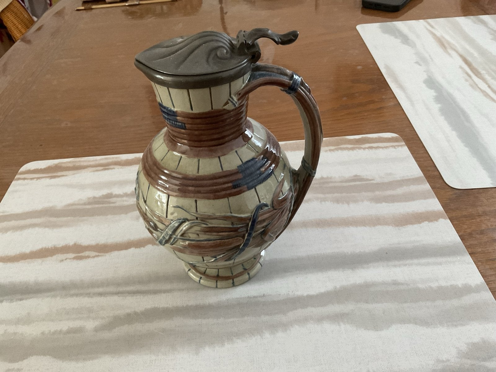 Antieke stenen wedgwood kruik met tinnen deksel., Ophalen of Verzenden
