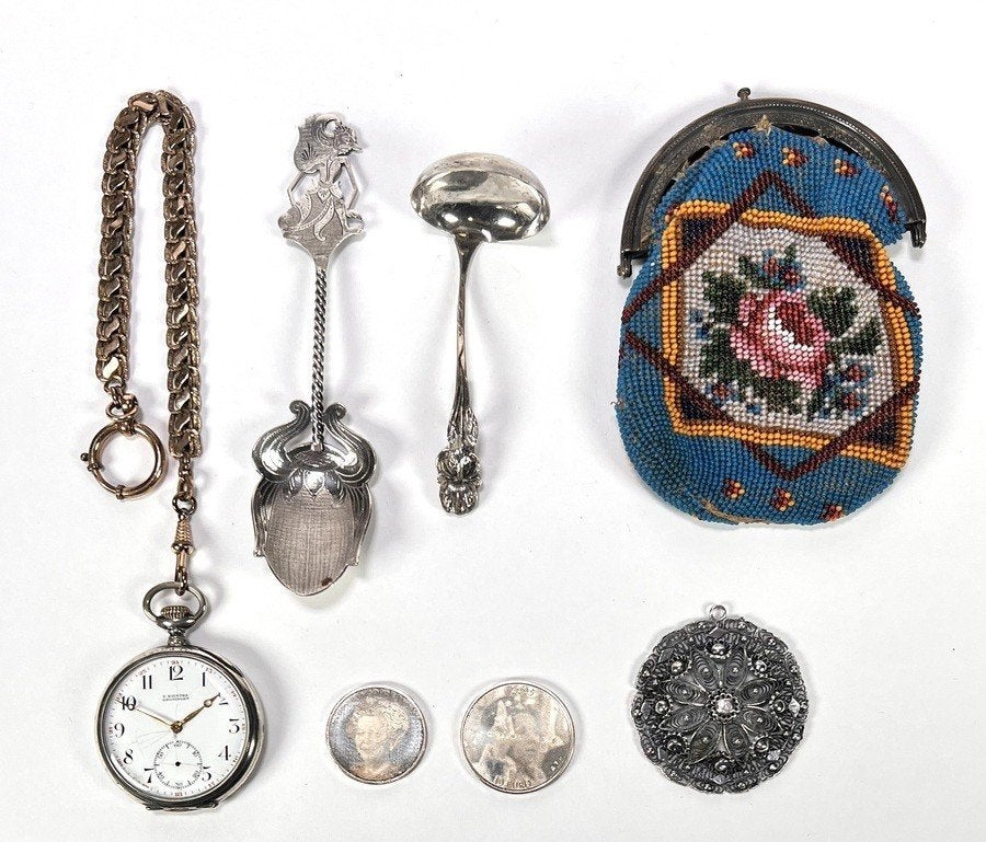 1041. Zakhorloge, beugelbeurs, lepels, hanger, munten, Ophalen of Verzenden, Zilver