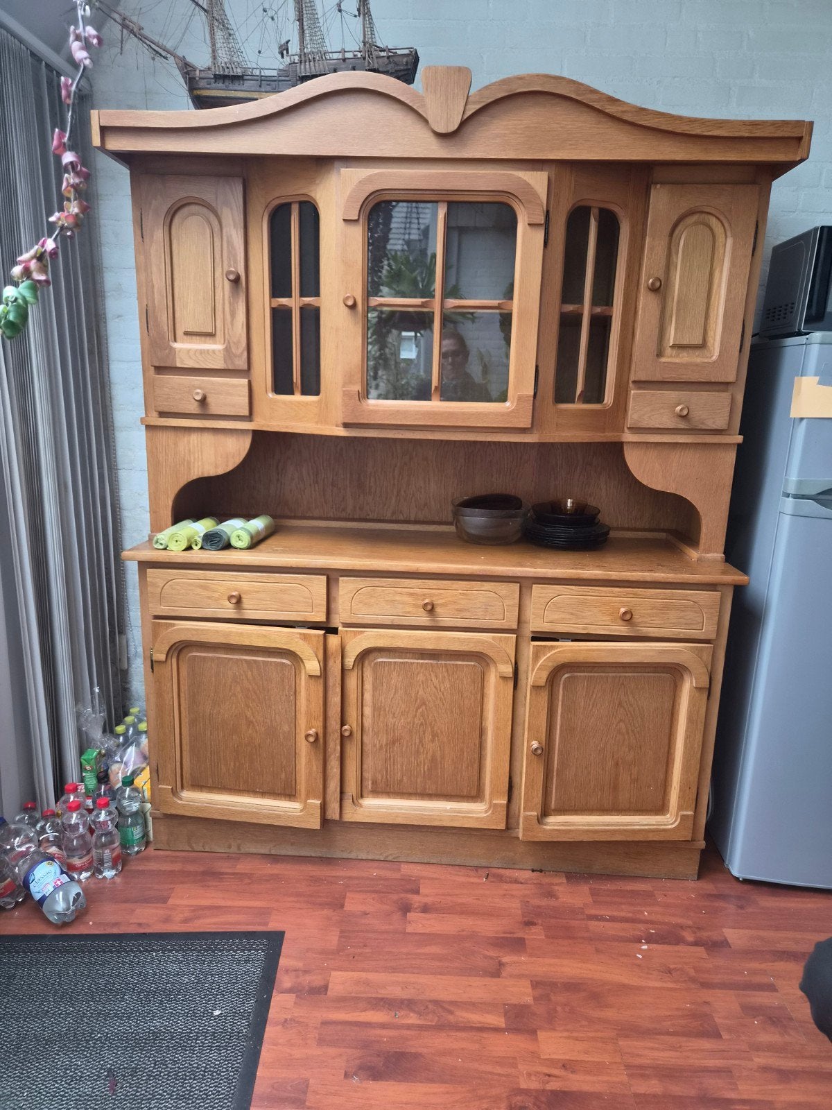 Eikenhouten dressoir met vitrinekast - Klassiek design, Gebruikt, 200 cm of meer, Klassiek, Eikenhout