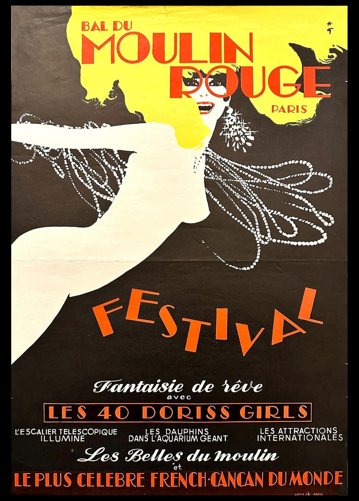 Vintage Moulin Rouge Festival Poster - Parijse Nachtleven, Deurposter of groter, Ophalen of Verzenden, Overige onderwerpen, Rechthoekig Staand