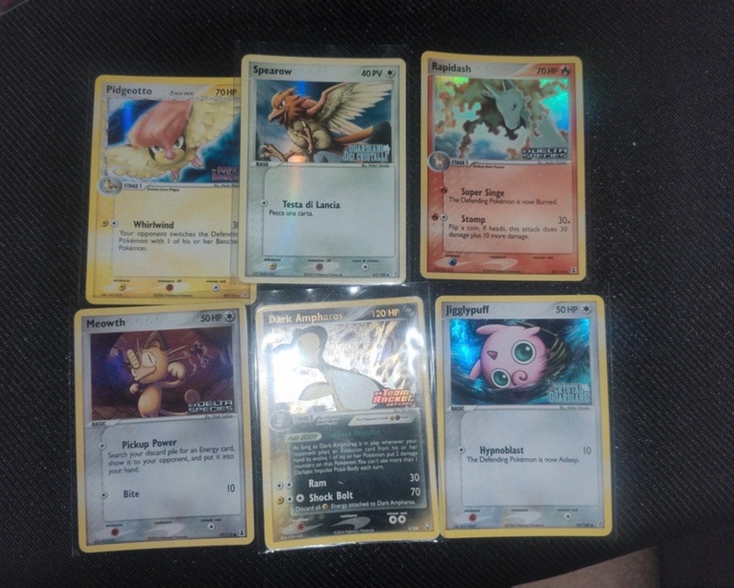 6 oude pokemon kaarten stamped ex delta species -team rocket, Ophalen of Verzenden, Gebruikt, Meerdere kaarten, Foil