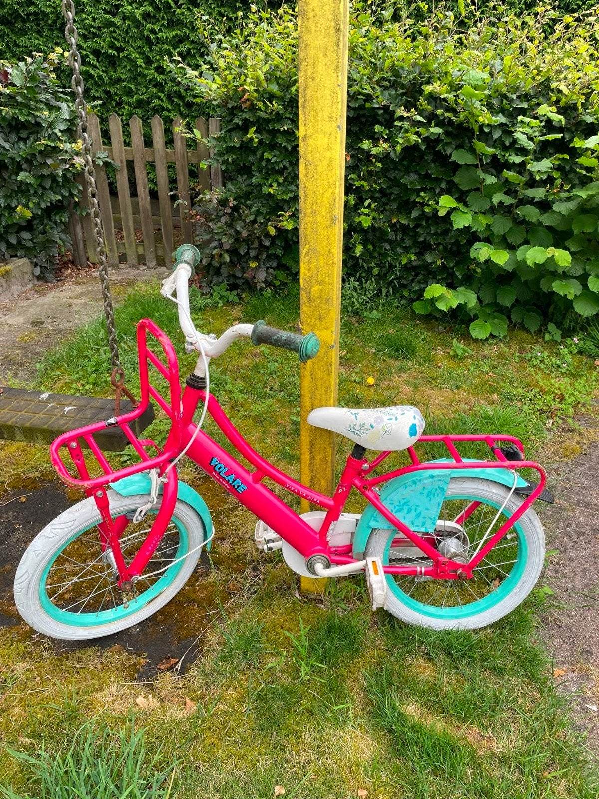 Kinderfietsje roze met blauw 16 inch, Ophalen, Gebruikt, 16 tot 20 inch