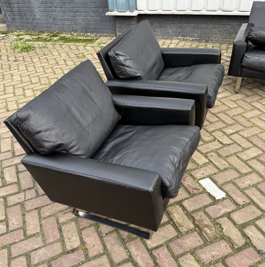 Vintage fauteuils opknappers zwart leer chroom T.E.A.B.!, Huis en Inrichting, Fauteuils, Ophalen, Gebruikt, 75 tot 100 cm, Vintage midcentury design
