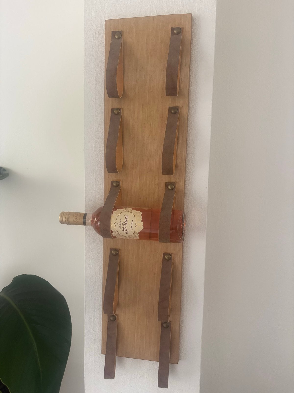 Houten wijnrek (2 stuks) met leren banden voor 5 flessen, Ophalen, 5 tot 15 flessen, Zo goed als nieuw, 75 – 100