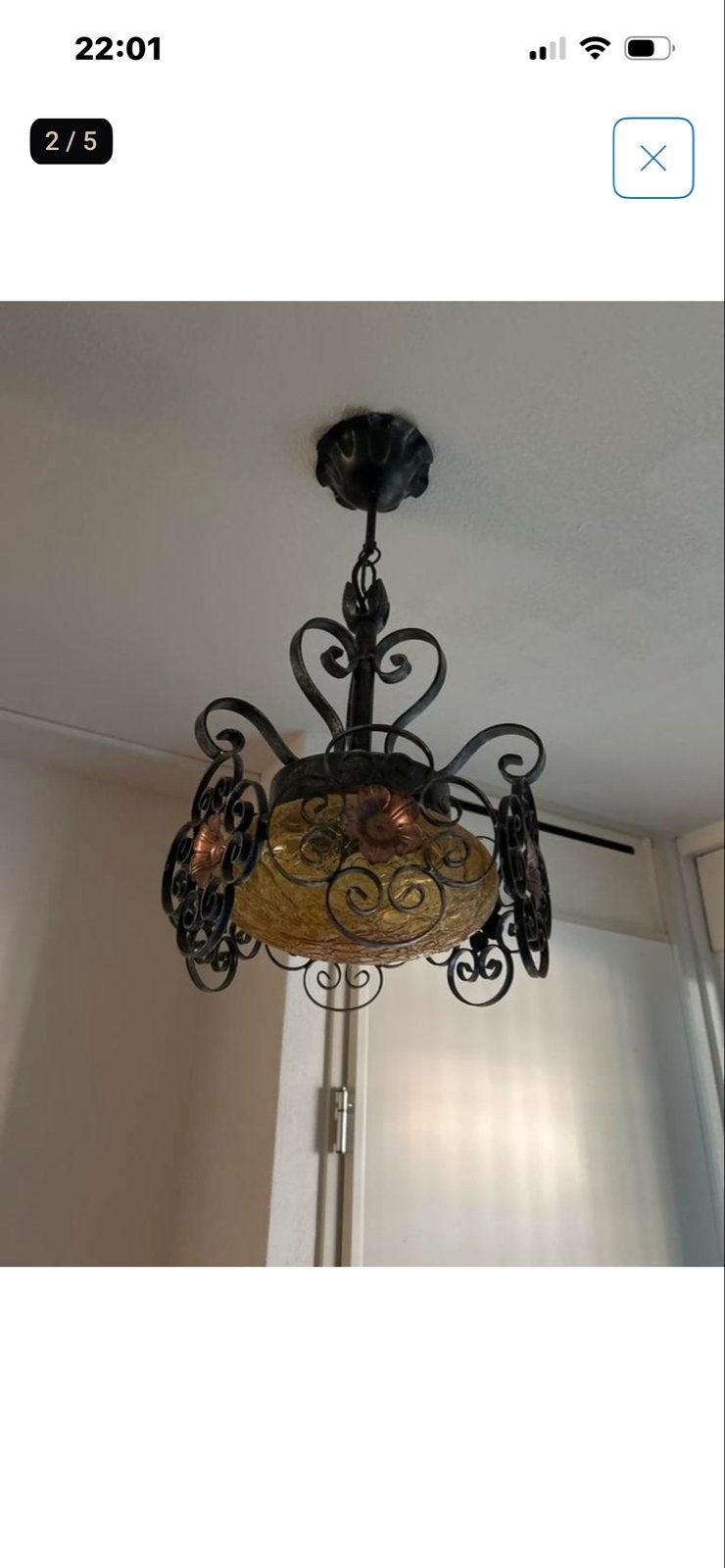 Vintage hanglamp met smeedijzeren detailsen amber glas, Ophalen