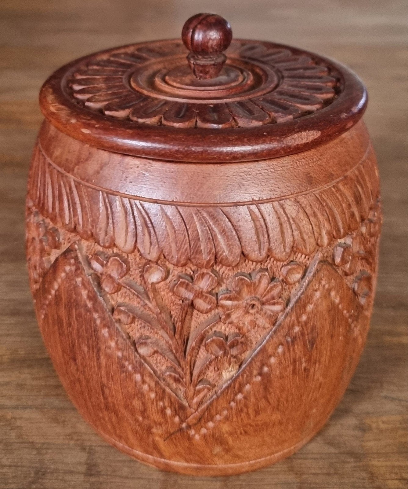 Vintage houten tabakspot / opbergpot – Handgesneden India, Ophalen of Verzenden