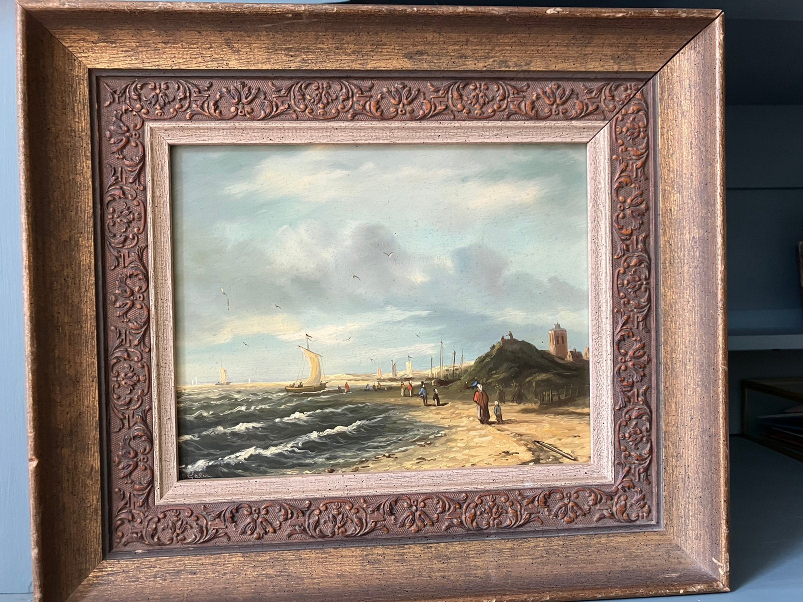 Hollands strandgezicht - Olieverf op paneel - v. Galen, Antiek en Kunst, Kunst | Schilderijen | Klassiek, Ophalen, Bijzondere lijst
