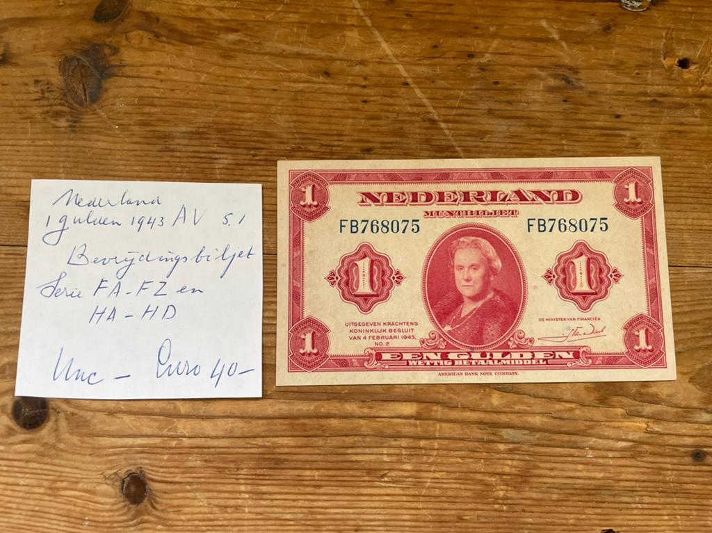Bankbiljet in gulden Wilhelmina 1943 UNC-, Postzegels en Munten, Bankbiljetten | Nederland, Ophalen of Verzenden, 1 gulden, Los biljet