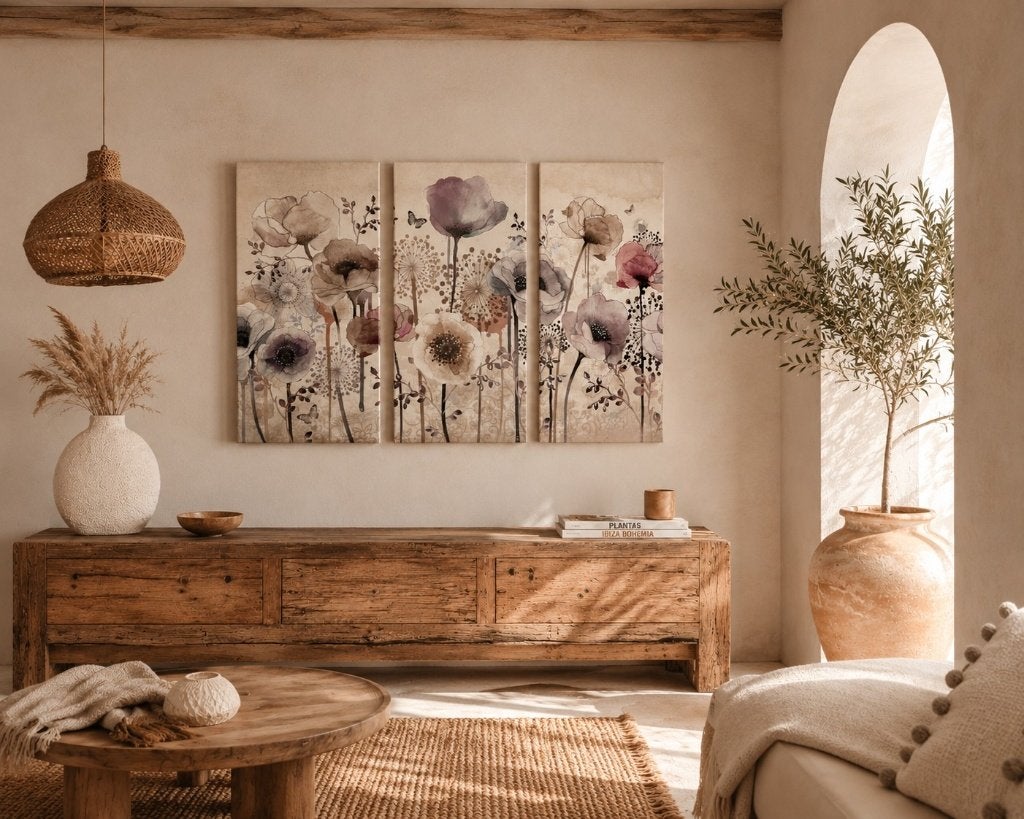 Drieluik bloemen schilderij – Boho Ibiza stijl, Ophalen of Verzenden, Zo goed als nieuw