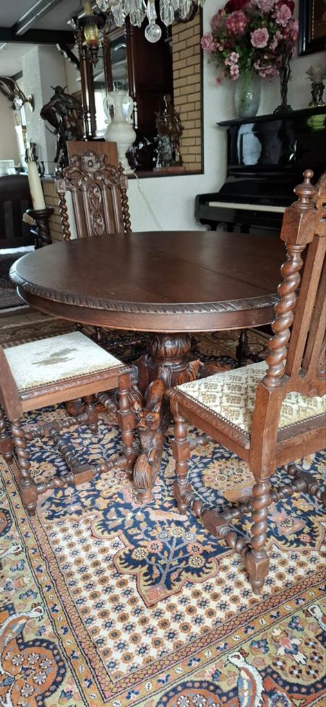 Antieke Eiken Eettafel met 4 Stoelen - Jachttafel Stijl, Antiek en Kunst, Antiek | Meubels | Tafels, Ophalen of Verzenden