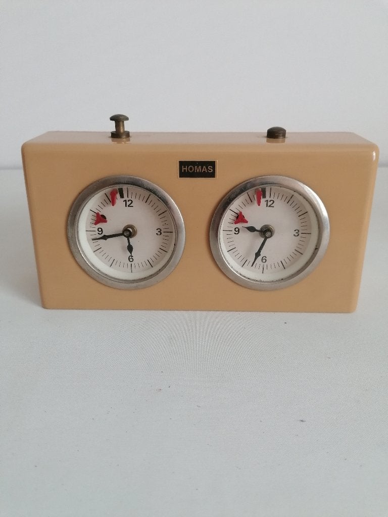 Vintage Homas schaakklok, Een of twee spelers, Ophalen of Verzenden, Gebruikt, Homas