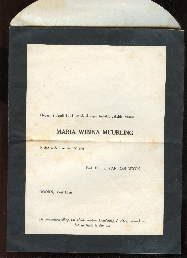 1921 rouwkaart Maria Wibina Muurling uit  Doorn (VK-116), Ophalen of Verzenden, Gebruikt