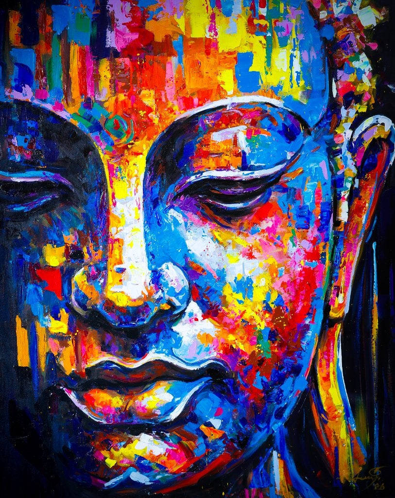 Handgeschilderd Boeddha Schilderij uit Thailand 100 x 120 cm, Schilderij, 120 cm, Meerkleurig, Textiel
