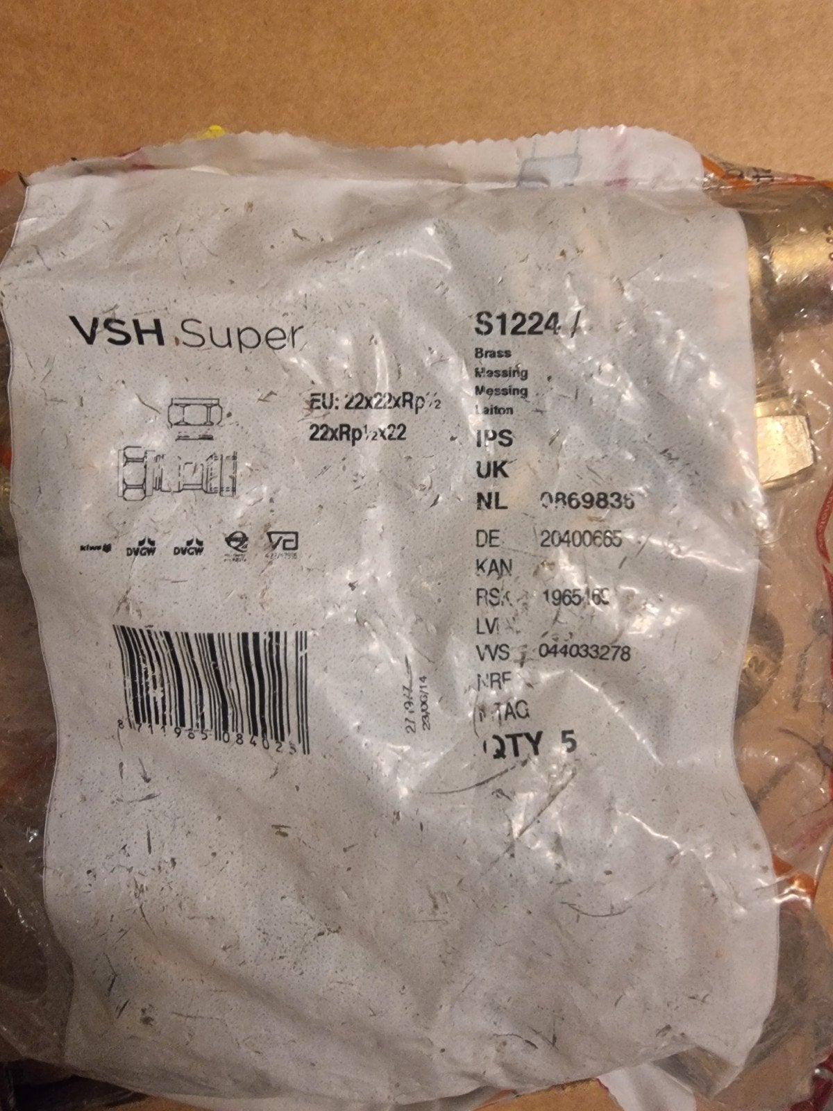 VSH Super S1224 Messing Knelkoppeling 22x22xRp1/2 (5 stuks), Ophalen of Verzenden