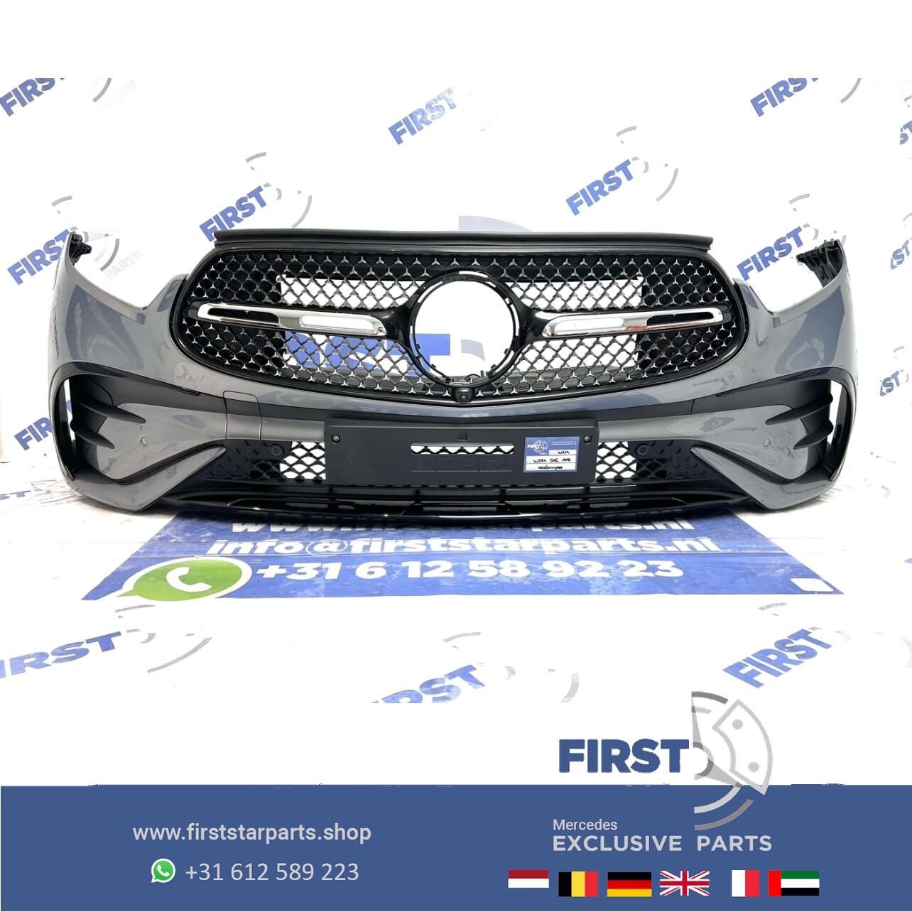 W254 GLC AMG VOORBUMPER GRIJS COMPLEET + STARS GRIL ORIGINEE, Gebruikt, -, Voor, Ophalen of Verzenden